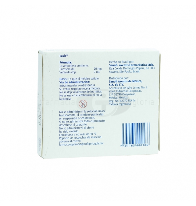 LASIX 20 MG CON 5 AMPOLLETAS DE 2 ML