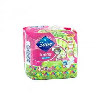 TOALLAS SANITARIAS SABA TEENS CON ALAS ULTRA DELGADA LARGA CON 10 PIEZAS