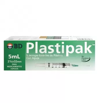 JERINGA VERDE BD DE 5 ML 21 G X 32 MM CON 5 PIEZAS